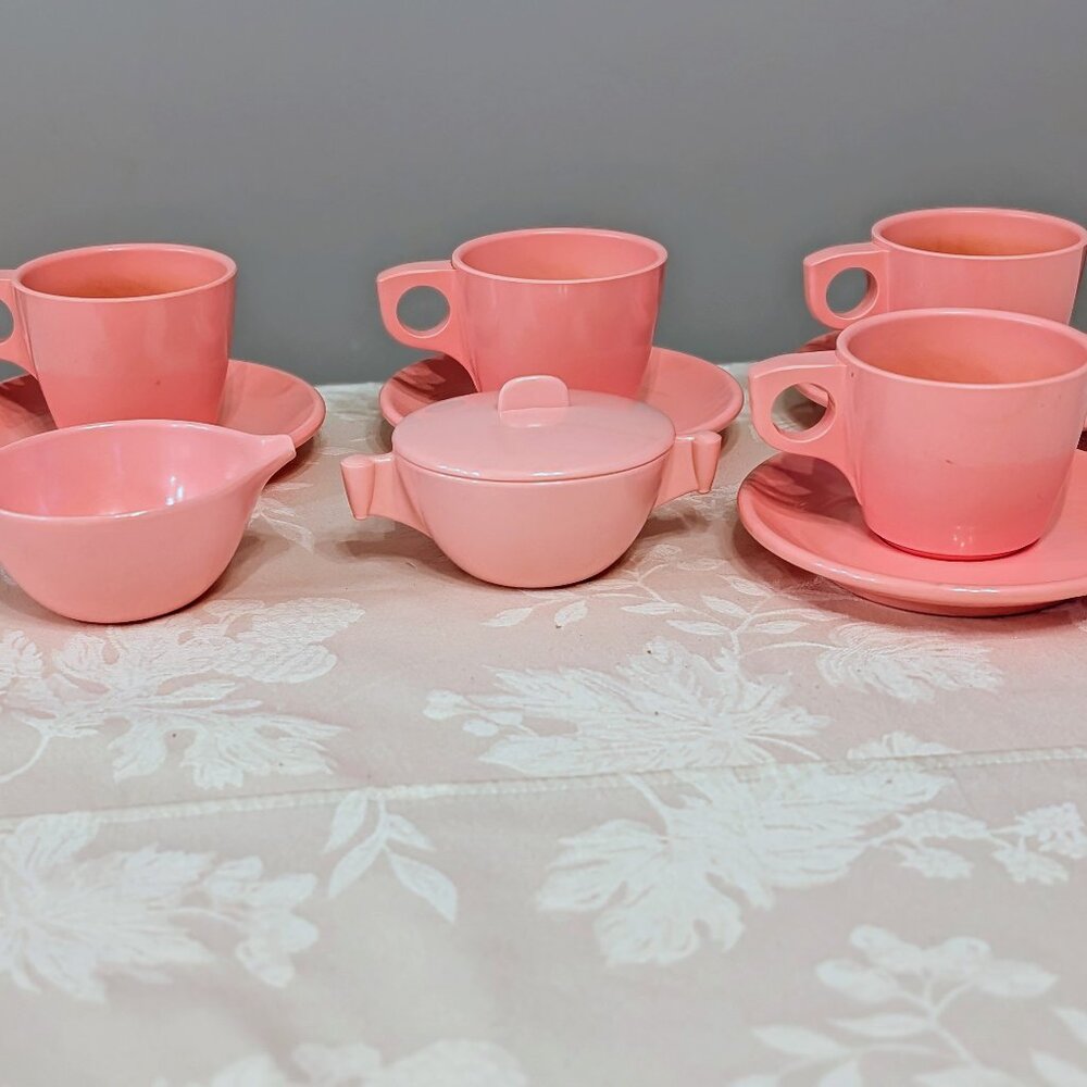VTG Lot of 11 Boonton Ware Pink Cups Saucers Meldale Cream Sugar w Lid Melamine
